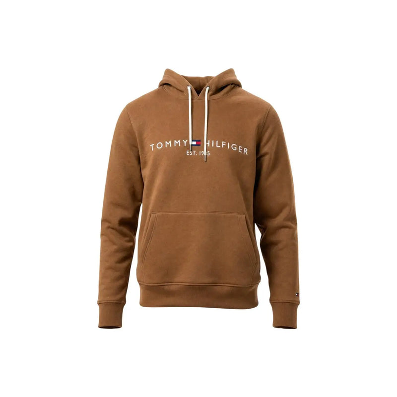 Tommy Hilfiger Sweat à capuche marron en coton pour homme, avec cordons de serrage blancs et poche avant, idéal pour une tenue décontractée.