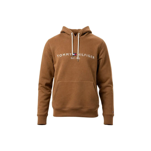 Tommy Hilfiger Sweat à capuche marron en coton pour homme, avec cordons de serrage blancs et poche avant, idéal pour une tenue décontractée.