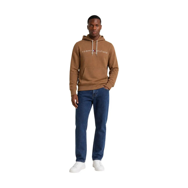 Tommy Hilfiger Sweat à capuche homme en coton marron avec logo blanc en tissu beige et cordons de serrage assortis