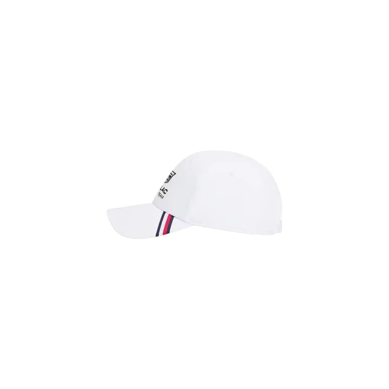 Tommy Hilfiger Casquette homme blanche en polyester, réplique avec visière rayée bleu marine, rouge et blanche.
