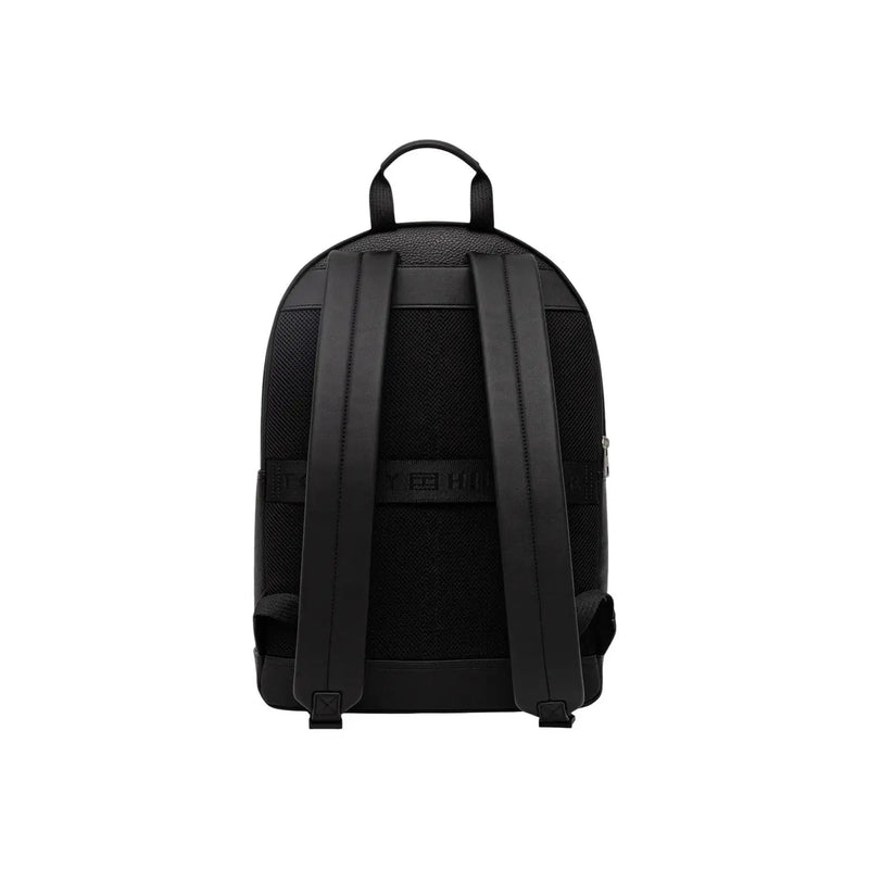 Sac à dos Tommy Hilfiger Central pour homme, noir, avec bretelles en cuir texturé et empiècements en maille polyuréthane.
