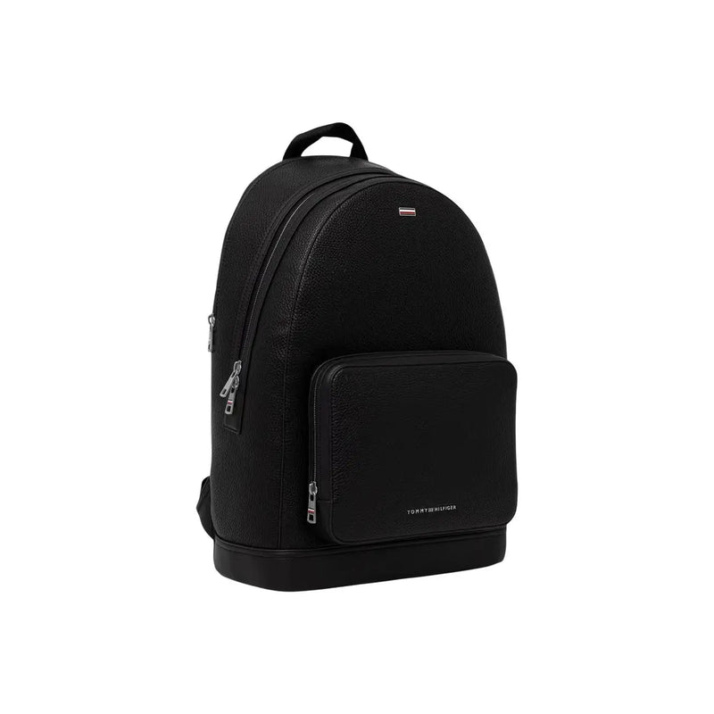 Tommy Hilfiger Sac à dos homme Central en cuir texturé noir avec fermetures éclair argentées et petit logo sur le devant en polyuréthane