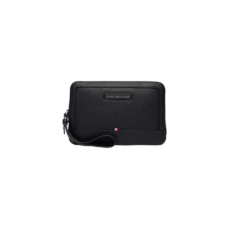 Pochette centrale homme Tommy Hilfiger en cuir texturé noir avec plaque logo discrète et bandoulière assortie, taille W27, en polyuréthane.