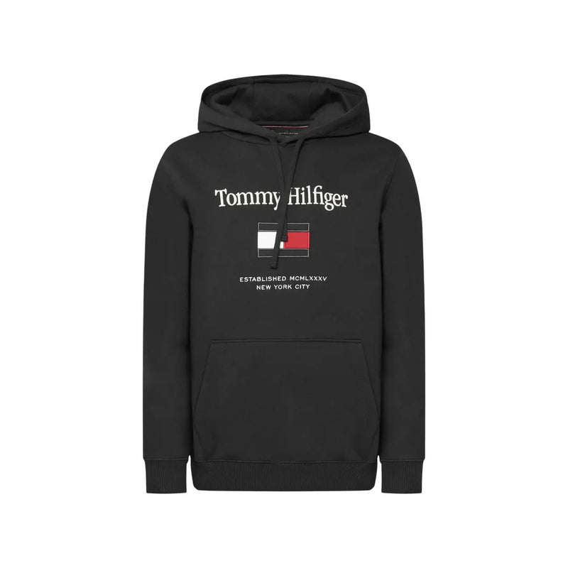 Sweat à capuche noir Tommy Hilfiger pour homme en mélange de coton avec logo blanc et emblème du drapeau, texte « Établi mcmxxxv New York City »