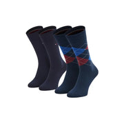 Navy blue argyle cotton socks with red and light blue diamonds for men in tommy hilfiger black checked underwear set