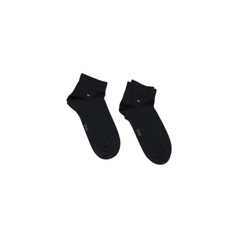 Black cotton ankle socks with subtle logo on cuff and heel for men by tommy hilfiger
