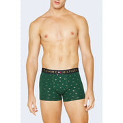 Dark green tommy hilfiger men cotton boxer briefs with white logo pattern and black waistband with gold lettering organic