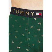 Dark green tommy hilfiger men cotton boxer briefs with gold logo pattern and black waistband with gold brand name