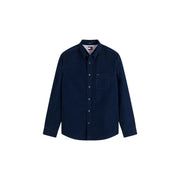 Chemise en jean bleu marine Tommy Hilfiger pour homme, avec poche poitrine, intérieur du col rayé, en coton, style décontracté à boutons.