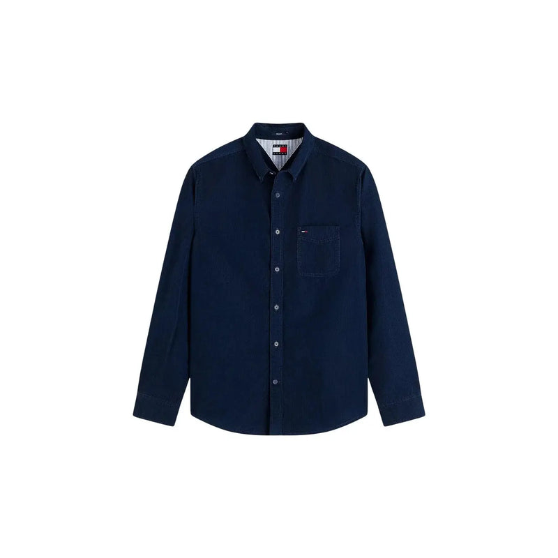 Chemise en jean bleu marine Tommy Hilfiger pour homme, avec poche poitrine, intérieur du col rayé, en coton, style décontracté à boutons.