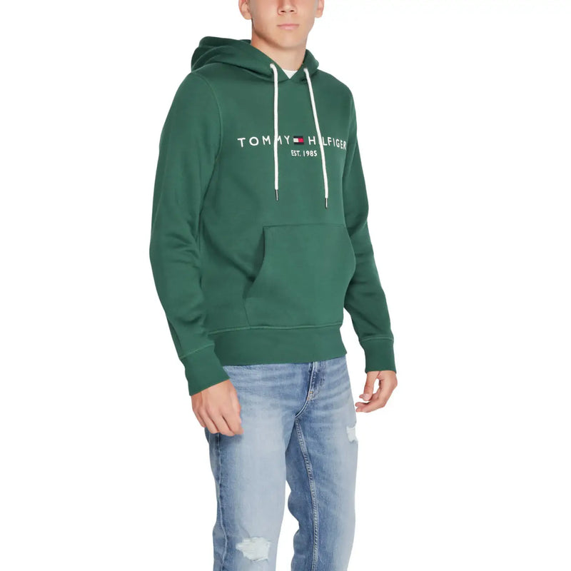 Tommy Hilfiger Sweat à capuche vert en coton pour homme, avec cordons de serrage blancs et poche avant.