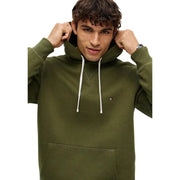 Sweat à capuche Tommy Hilfiger pour homme, vert olive, en coton, avec cordons de serrage blancs et petit logo sur la poitrine.