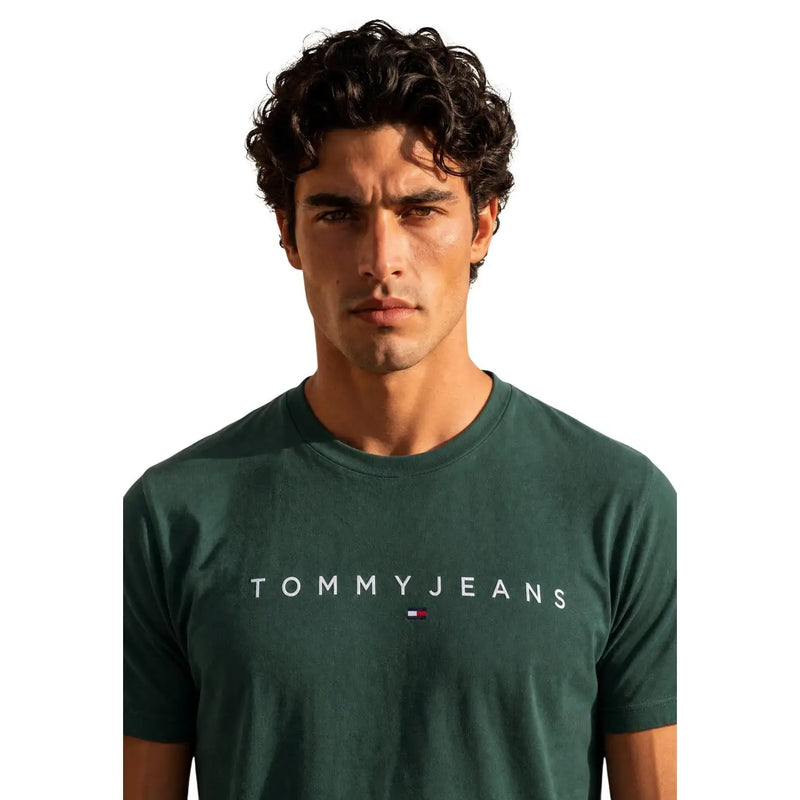 Tommy Hilfiger T-shirt homme vert en coton bio, coupe classique, avec logo blanc et drapeau sur la poitrine