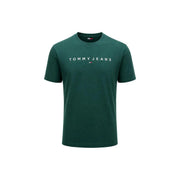 Tommy Hilfiger T-shirt homme vert en coton bio, coupe classique, avec logo Tommy Jeans blanc et emblème drapeau.