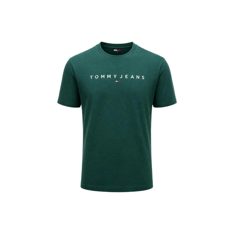 Tommy Hilfiger T-shirt homme vert en coton bio, coupe classique, avec logo Tommy Jeans blanc et emblème drapeau.