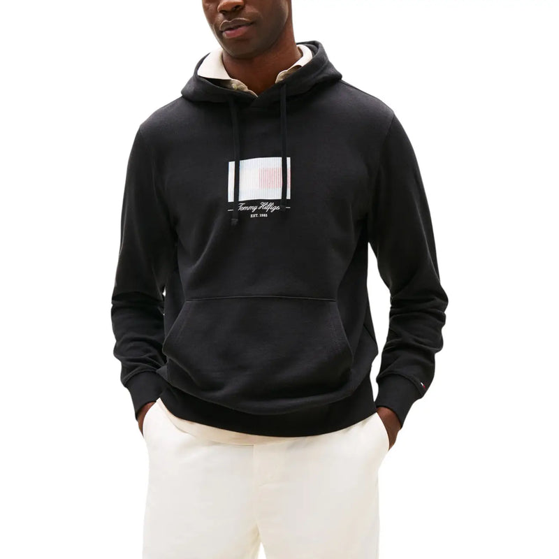 Sweat à capuche noir Tommy Hilfiger pour homme, avec logo rayé blanc et rouge et doublure intérieure beige en coton biologique