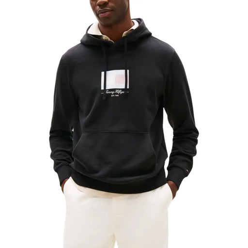 Sweat à capuche noir Tommy Hilfiger pour homme, avec logo rayé blanc et rouge et doublure intérieure beige en coton biologique
