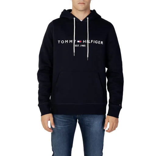 Tommy Hilfiger Sweat à capuche homme noir en coton avec cordons de serrage blancs et logo sur la poitrine MW0MW10752