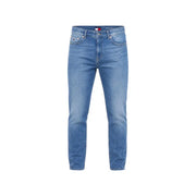 Jean slim bleu en denim de coton avec logo Tommy Hilfiger à la taille, idéal pour un look décontracté homme.