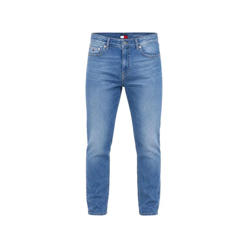 Jean slim bleu en denim de coton avec logo Tommy Hilfiger à la taille, idéal pour un look décontracté homme.