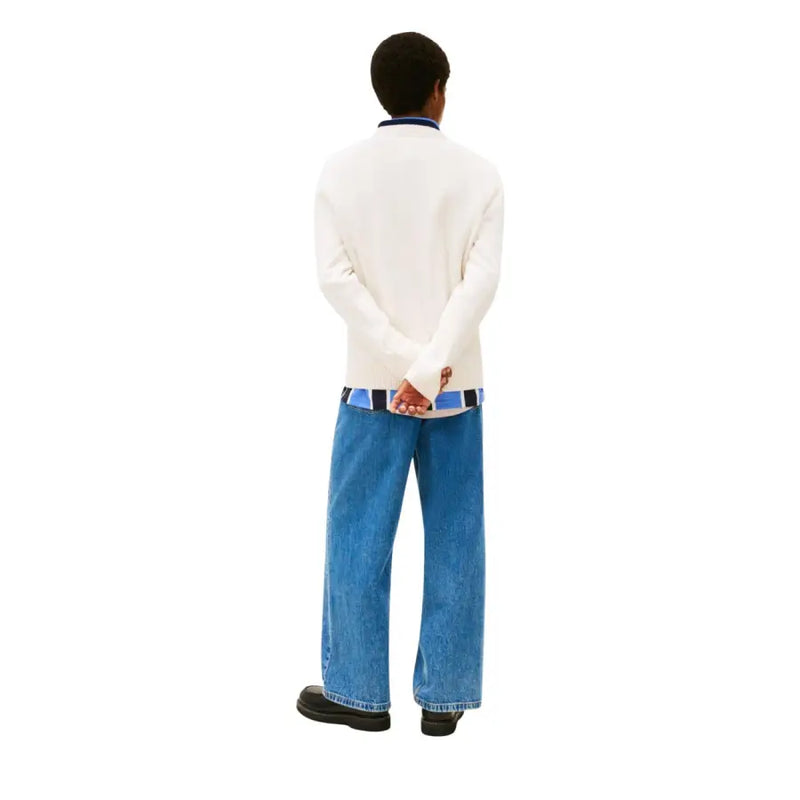 Tommy Hilfiger Pull homme beige en maille, col rond, en coton bio, avec col bleu marine et ourlet rayé