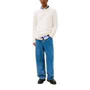 Tommy Hilfiger men knitwear beige organic cotton crewneck sweater with white body blue collar trim and chest logo