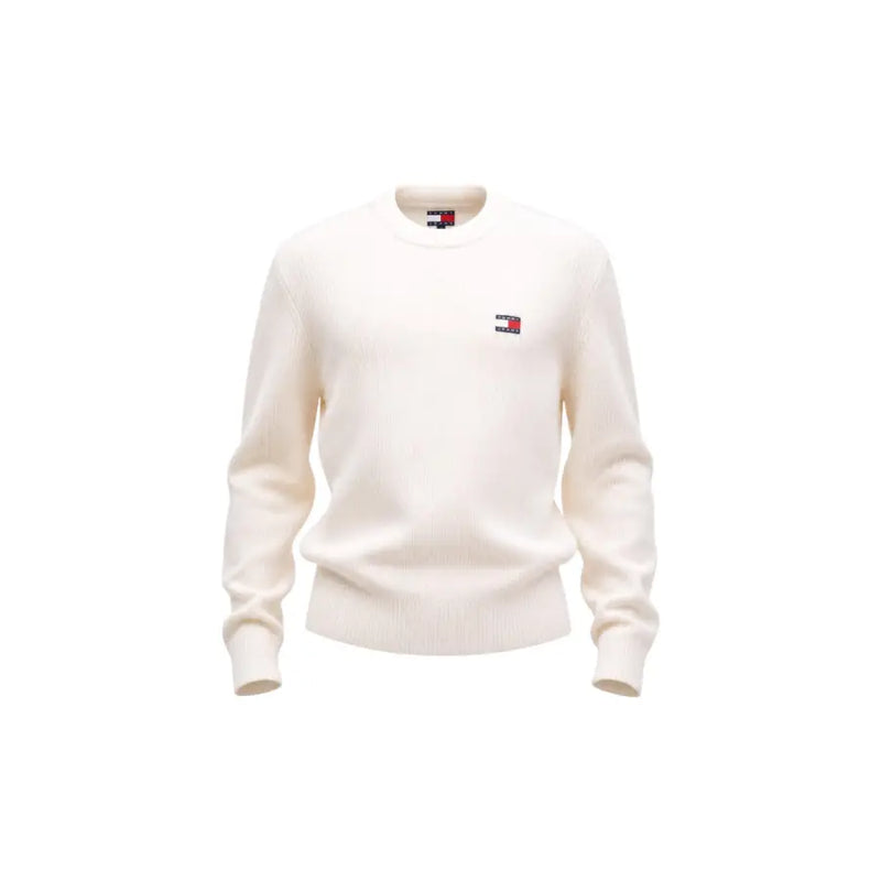 Pull Tommy Hilfiger pour homme, couleur crème, col rond, en maille de coton biologique côtelée avec petit logo