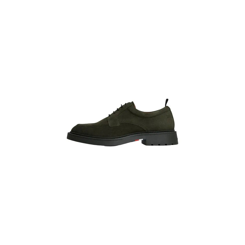 Tommy Hilfiger Mocassin en cuir pour homme, modèle Oxford à lacets en daim vert olive avec semelle épaisse en caoutchouc noir.