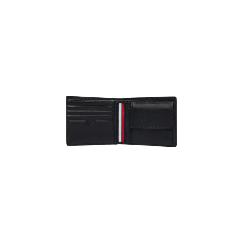 Tommy Hilfiger men leather wallet black with red white and blue striped interior accent 11x9cm