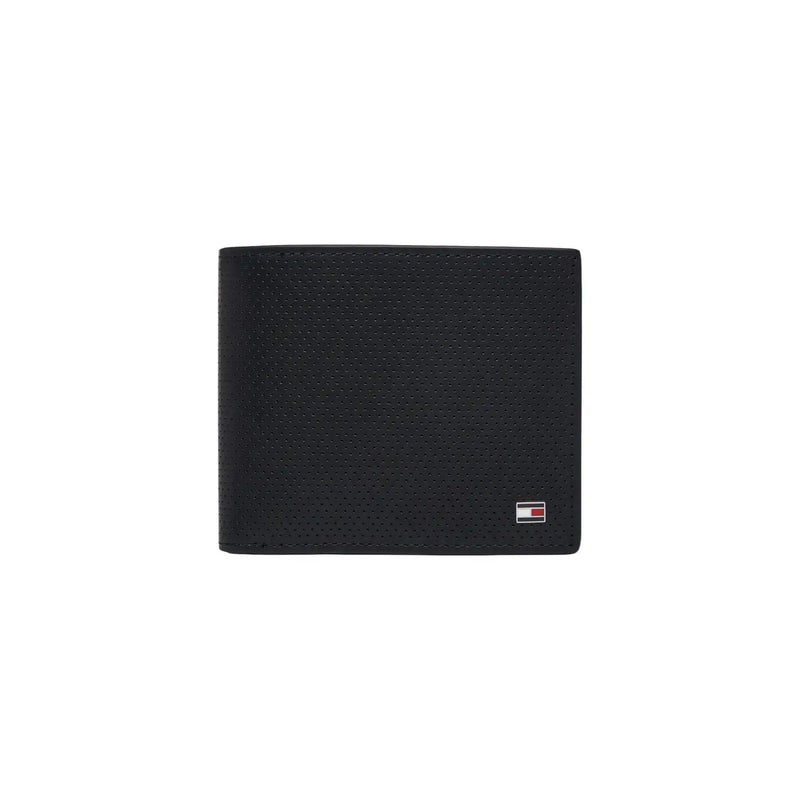 Black perforated leather wallet with small Tommy Hilfiger logo on lower right corner for men 11x9cm