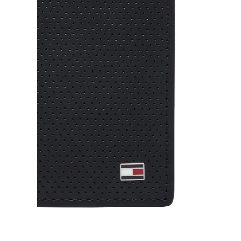 Black perforated leather Tommy Hilfiger men wallet 11x9cm with small rectangular logo emblem at bottom corner