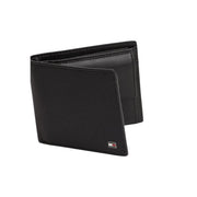Black perforated leather wallet with small Tommy Hilfiger logo emblem, sized W11 x H9.5cm for men