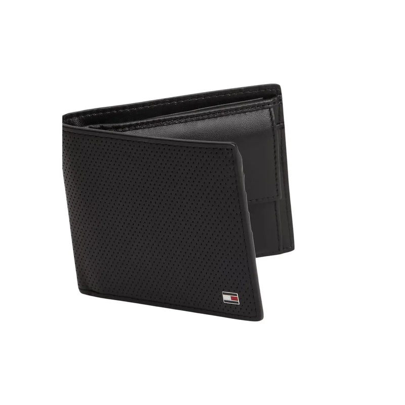 Black perforated leather wallet with small Tommy Hilfiger logo emblem, sized W11 x H9.5cm for men