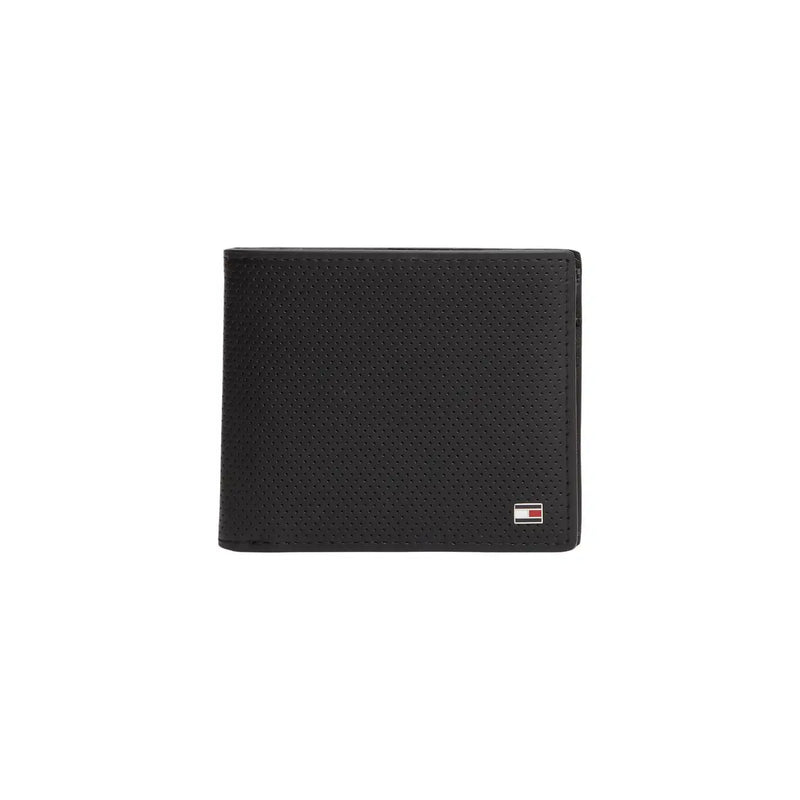 Black perforated leather Tommy Hilfiger men wallet with small logo measuring W11 x H9.5cm