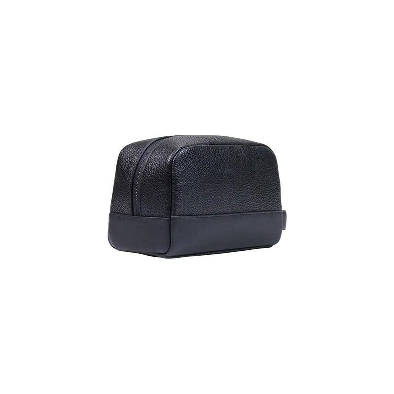 Tommy Hilfiger Trousse de toilette homme en cuir noir, petit format, avec corps texturé, fond lisse et fermeture éclair.