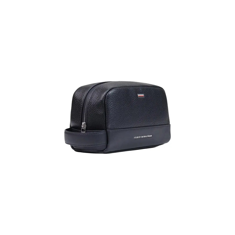 Tommy Hilfiger Trousse de toilette en cuir noir texturé pour homme, avec logo discret et nom de marque en relief sur le devant