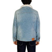 Tommy Hilfiger men light blue cotton blend blazer with plush white shearling collar and brown leather patch