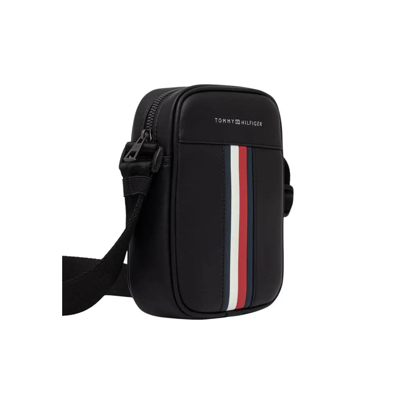 Tommy Hilfiger Sac homme Metro Mini Reporter noir à rayures verticales rouges, blanches et bleu marine sur le devant