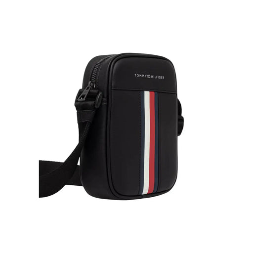 Tommy Hilfiger Sac homme Metro Mini Reporter noir à rayures verticales rouges, blanches et bleu marine sur le devant