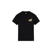 T-shirt noir Tommy Hilfiger pour homme en coton biologique, avec logo doré sur la poitrine gauche et étiquette de marque assortie au col.