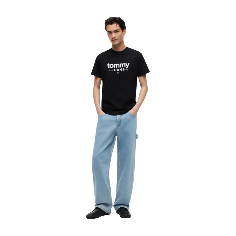 Tommy Hilfiger T-shirt noir en coton bio pour homme, avec logo blanc imprimé sur la poitrine