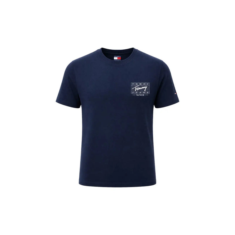 bleu marine Tommy Hilfiger coton biologique pour hommes t-shirt avec un logo à motif quadrillé blanc sur la poitrine