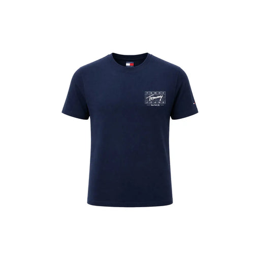 bleu marine Tommy Hilfiger coton biologique pour hommes t-shirt avec un logo à motif quadrillé blanc sur la poitrine