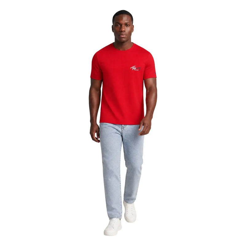 Tommy Hilfiger T-shirt rouge homme en coton bio, manches courtes, avec un petit logo sur la poitrine