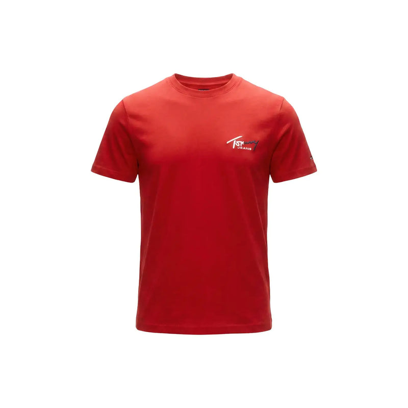T-shirt rouge Tommy Hilfiger pour homme en coton biologique, orné d'un petit logo brodé sur la poitrine gauche.