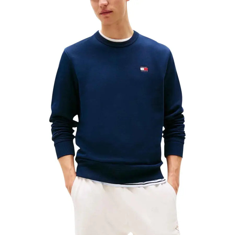 Men’s navy blue organic cotton crewneck sweatshirt with small flag logo on chest
