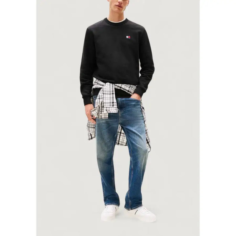 Men’s black organic cotton crewneck sweatshirt with small flag logo on chest