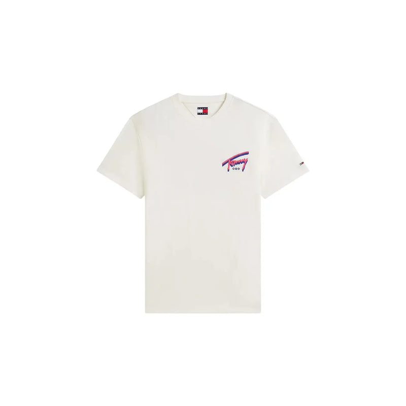 couleur crème Tommy Hilfiger T-shirt homme en coton bio avec logo rose et violet rétro éclatant sur la poitrine
