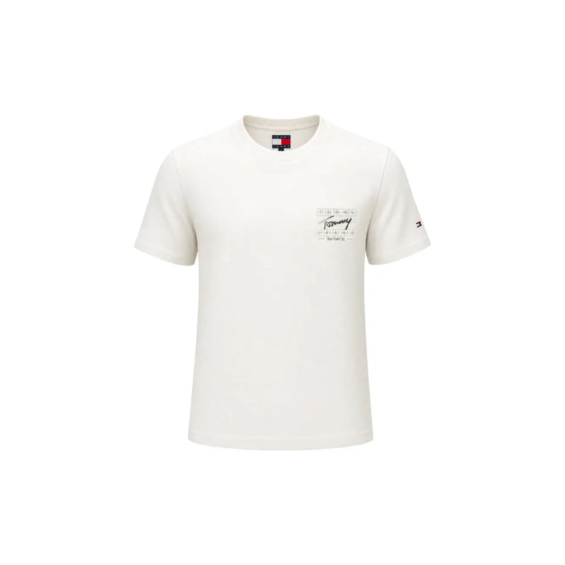 T-shirt Tommy Hilfiger pour homme, couleur crème, en coton bio, manches courtes, avec un discret motif sur la poitrine et le logo sur la manche.