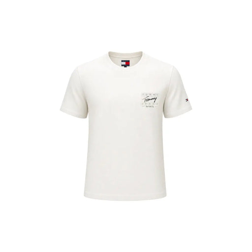 T-shirt Tommy Hilfiger pour homme, couleur crème, en coton bio, manches courtes, avec un discret motif sur la poitrine et le logo sur la manche.